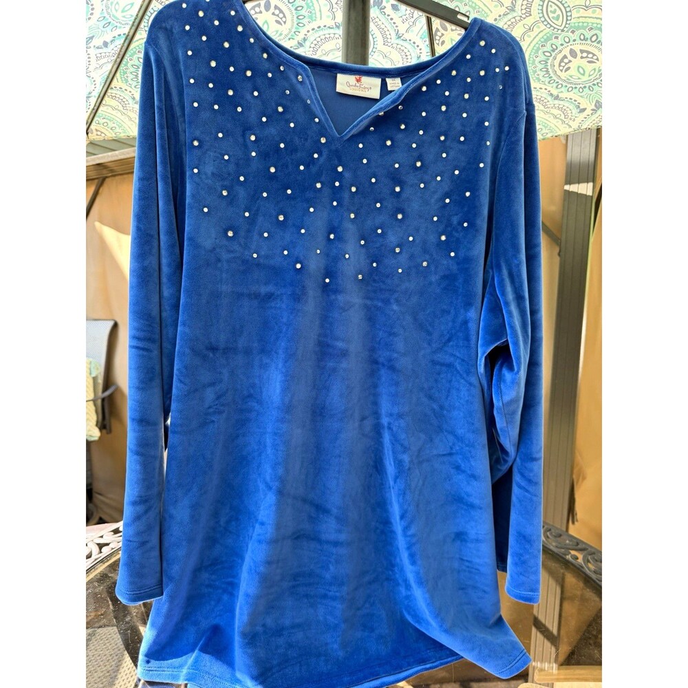 Quacker Factory Top Womens 3X Plus Blue Velour Rhinestone V-Neck LS Stretch
